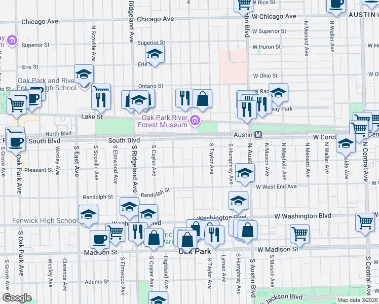 map of restaurants, bars, coffee shops, grocery stores, and more near 127 South Lombard Avenue in Oak Park
