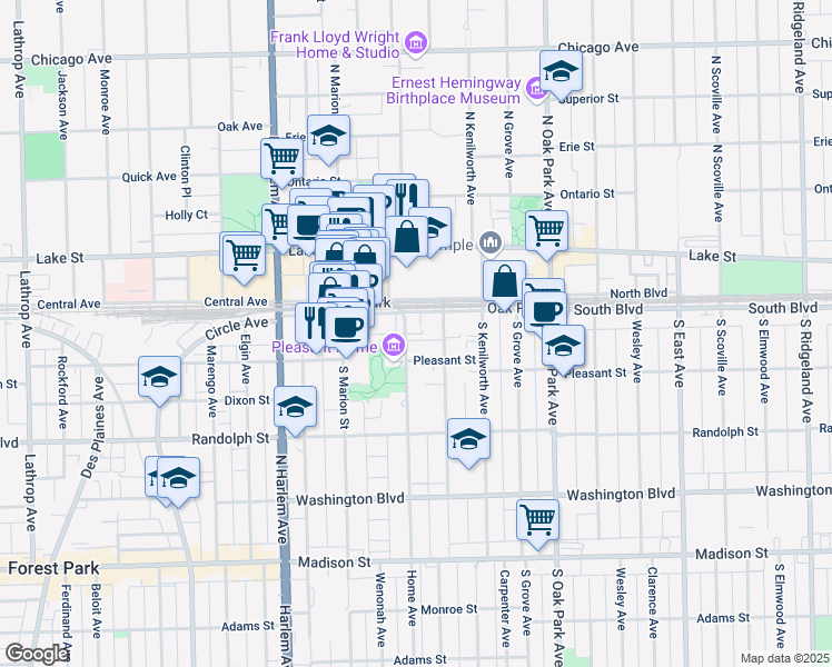 map of restaurants, bars, coffee shops, grocery stores, and more near 118 Home Avenue in Oak Park