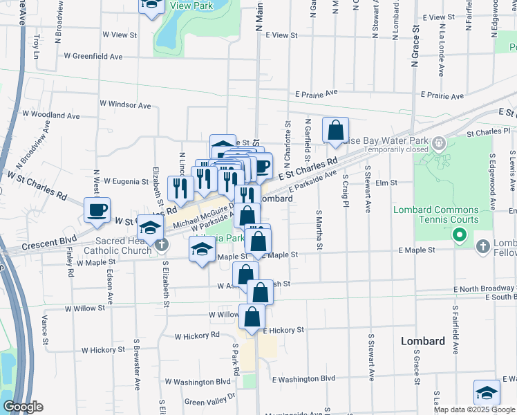 map of restaurants, bars, coffee shops, grocery stores, and more near in Lombard