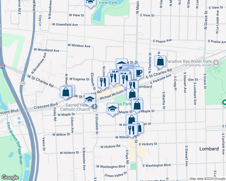 map of restaurants, bars, coffee shops, grocery stores, and more near 1 South Lincoln Avenue in Lombard