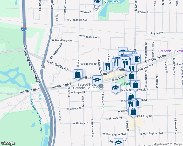 map of restaurants, bars, coffee shops, grocery stores, and more near 342 West Saint Charles Road in Lombard