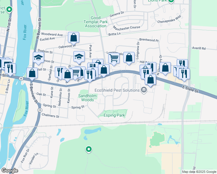map of restaurants, bars, coffee shops, grocery stores, and more near 48 Briar Lane in Geneva