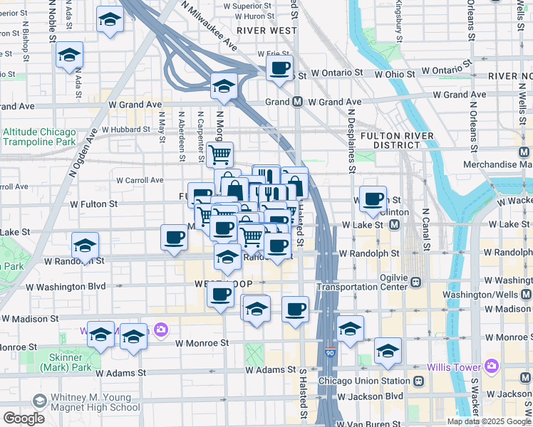 map of restaurants, bars, coffee shops, grocery stores, and more near 858 West Lake Street in Chicago