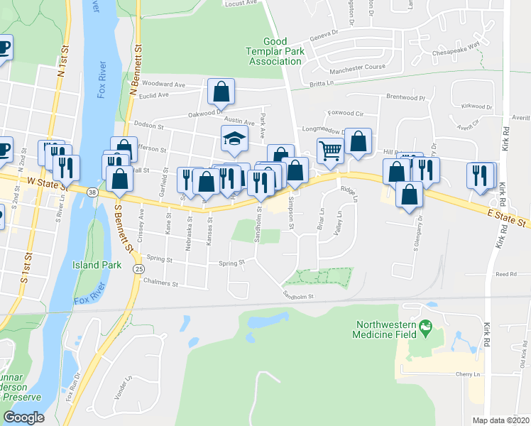 map of restaurants, bars, coffee shops, grocery stores, and more near 25 Sandholm Street in Geneva