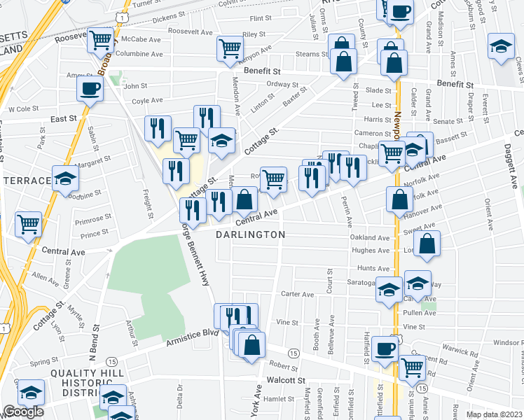map of restaurants, bars, coffee shops, grocery stores, and more near 20 Robinson Street in Cumberland
