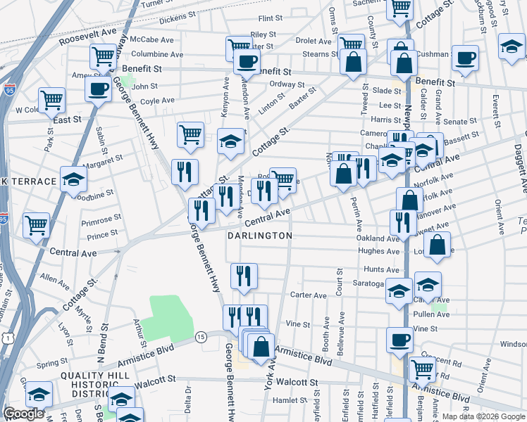 map of restaurants, bars, coffee shops, grocery stores, and more near 20 Robinson Street in Cumberland