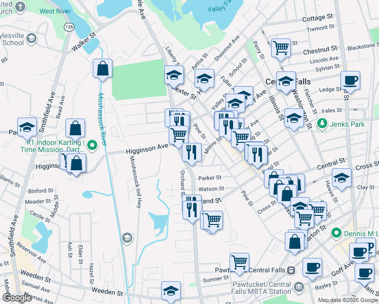 map of restaurants, bars, coffee shops, grocery stores, and more near 20 Claremont Street in Central Falls