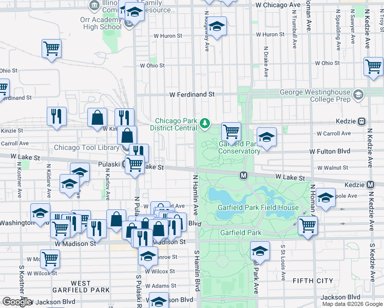 map of restaurants, bars, coffee shops, grocery stores, and more near 322 North Hamlin Avenue in Chicago