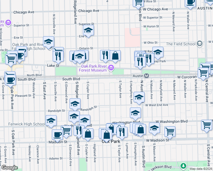 map of restaurants, bars, coffee shops, grocery stores, and more near 127 South Lombard Avenue in Oak Park