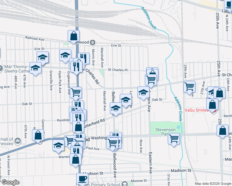 map of restaurants, bars, coffee shops, grocery stores, and more near 332 Bohland Avenue in Bellwood