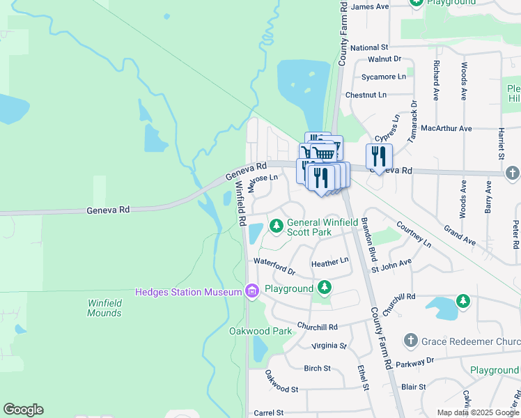 map of restaurants, bars, coffee shops, grocery stores, and more near N664 Bedford Lane in Winfield