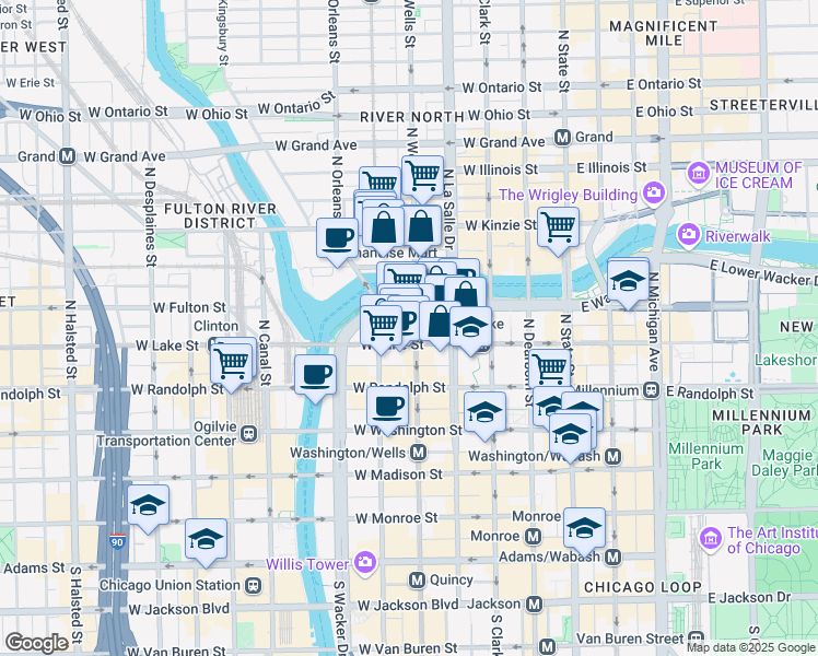 map of restaurants, bars, coffee shops, grocery stores, and more near 200 North Wells Street in Chicago