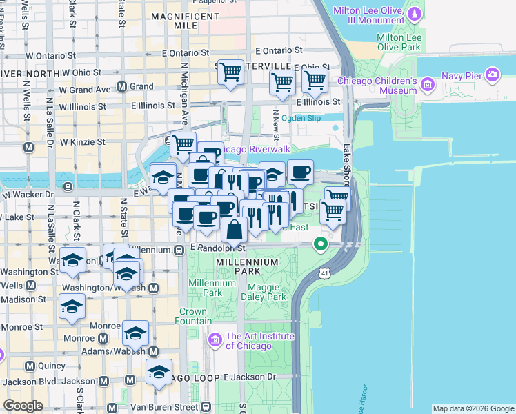 map of restaurants, bars, coffee shops, grocery stores, and more near 205 North Columbus Drive in Chicago
