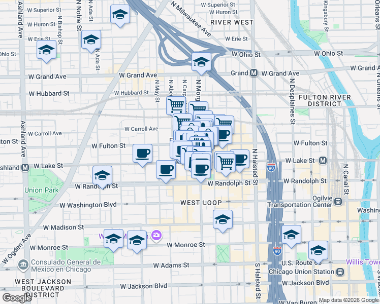 map of restaurants, bars, coffee shops, grocery stores, and more near 217 North Carpenter Street in Chicago