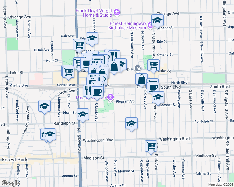 map of restaurants, bars, coffee shops, grocery stores, and more near 118 Home Avenue in Oak Park