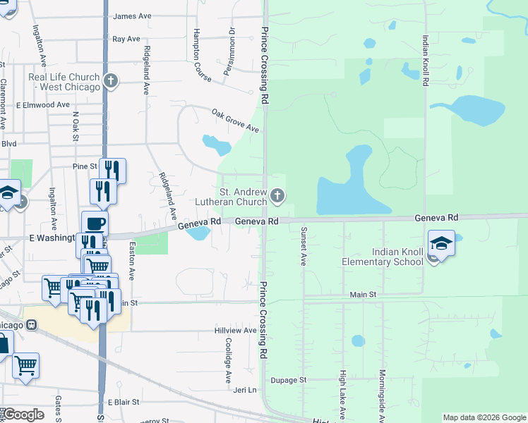 map of restaurants, bars, coffee shops, grocery stores, and more near 989 Geneva Road in West Chicago