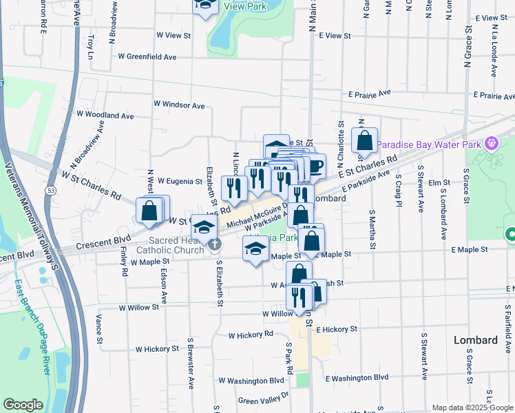 map of restaurants, bars, coffee shops, grocery stores, and more near 1 South Lincoln Avenue in Lombard