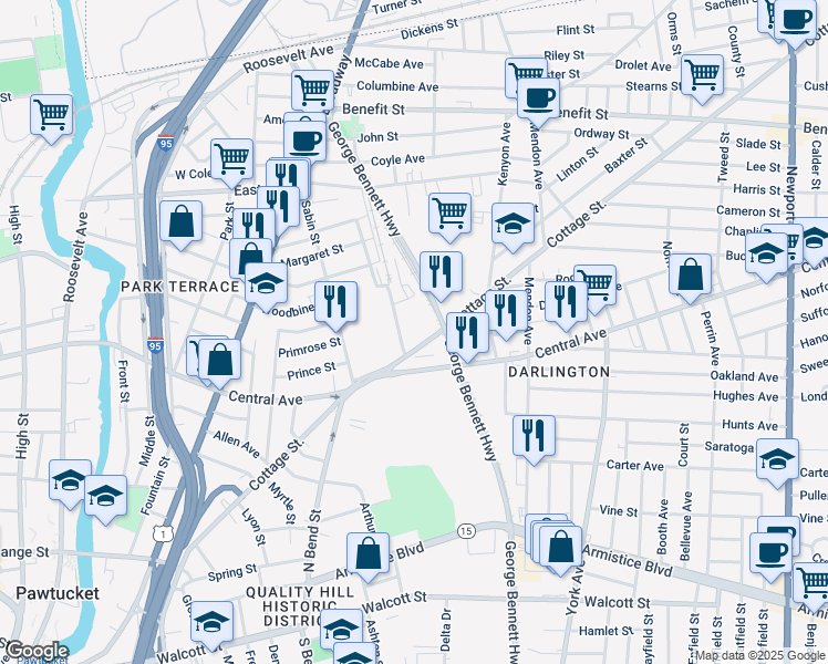 map of restaurants, bars, coffee shops, grocery stores, and more near 340 Cottage Street in Pawtucket