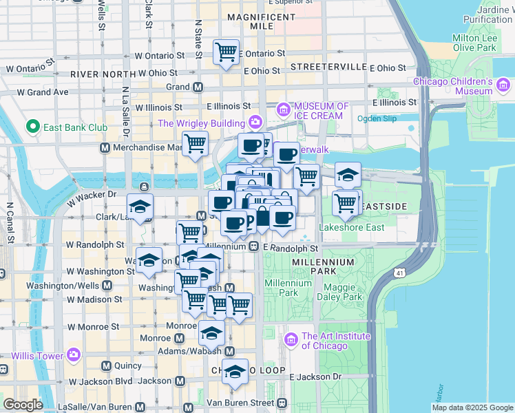 map of restaurants, bars, coffee shops, grocery stores, and more near Lakefront Trail in Chicago