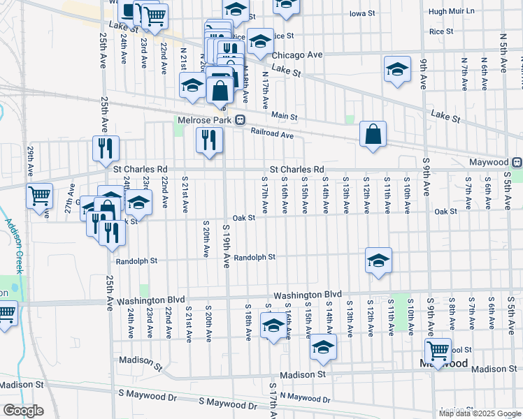 map of restaurants, bars, coffee shops, grocery stores, and more near 142 South 17th Avenue in Maywood
