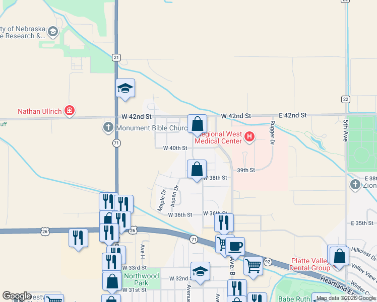map of restaurants, bars, coffee shops, grocery stores, and more near 3902 Avenue D in Scottsbluff