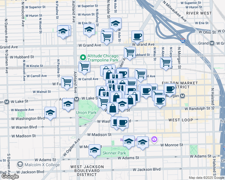 map of restaurants, bars, coffee shops, grocery stores, and more near 1370 West Lake Street in Chicago