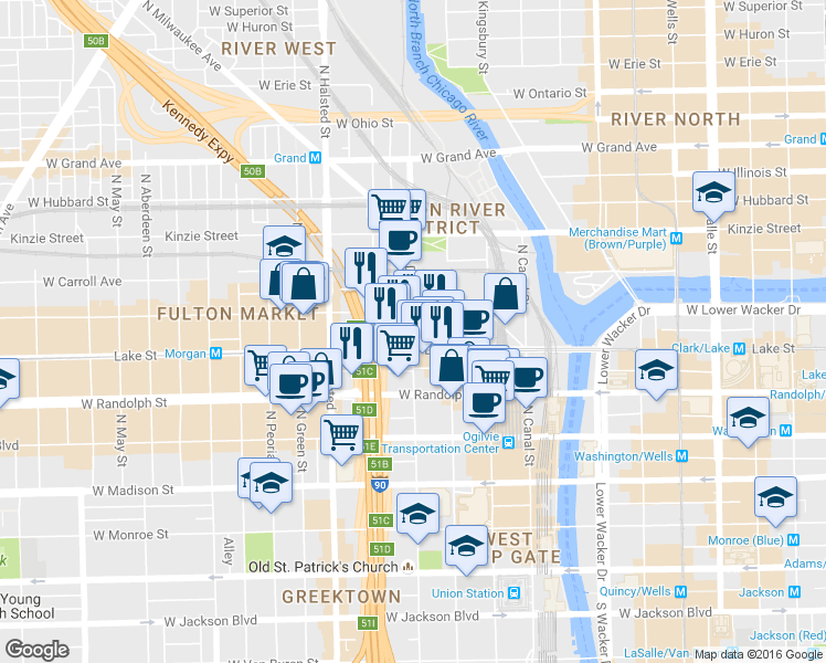 map of restaurants, bars, coffee shops, grocery stores, and more near N Desplaines St & W Walnut St in Chicago