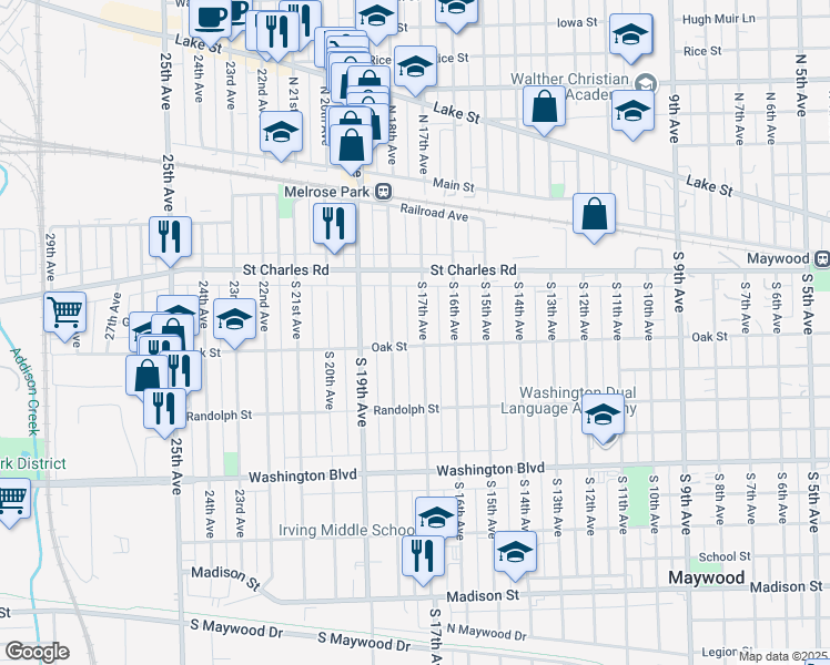 map of restaurants, bars, coffee shops, grocery stores, and more near 142 South 17th Avenue in Maywood