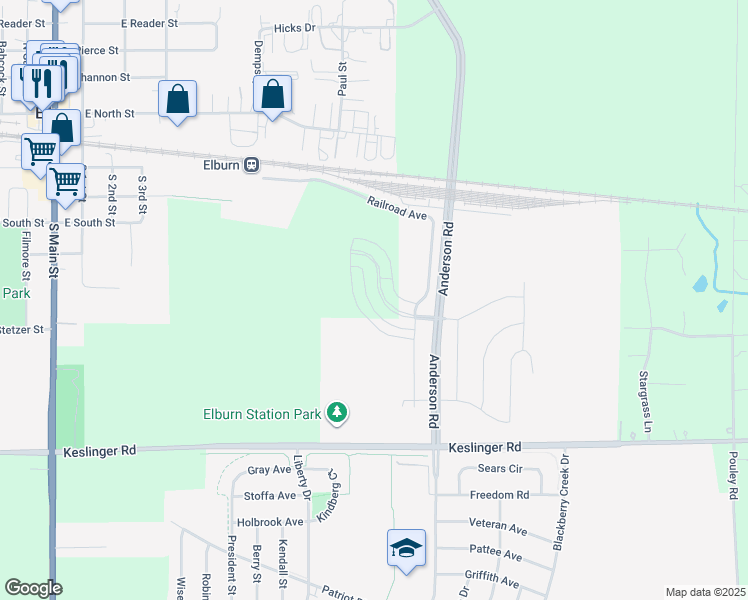 map of restaurants, bars, coffee shops, grocery stores, and more near 835 Station Boulevard in Elburn