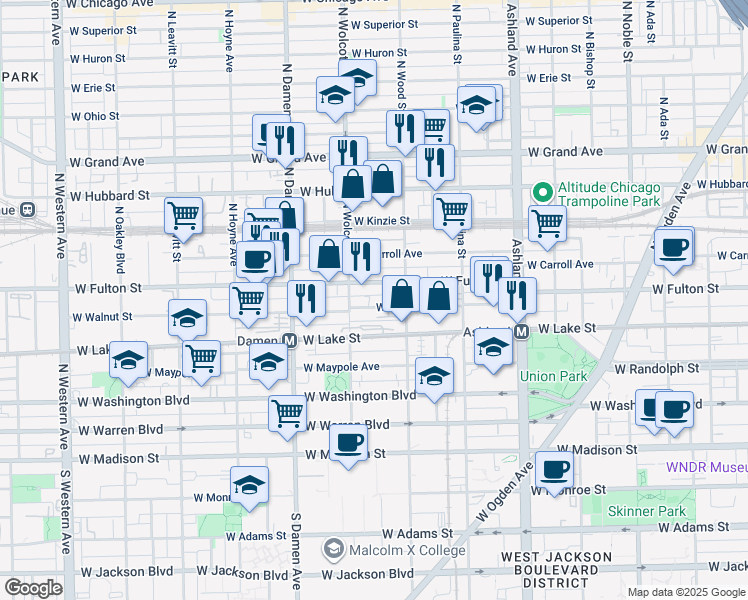 map of restaurants, bars, coffee shops, grocery stores, and more near 1843 West Walnut Street in Chicago