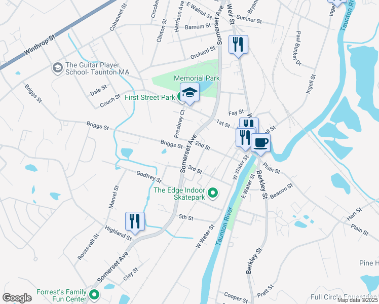 map of restaurants, bars, coffee shops, grocery stores, and more near 392 Somerset Avenue in Taunton