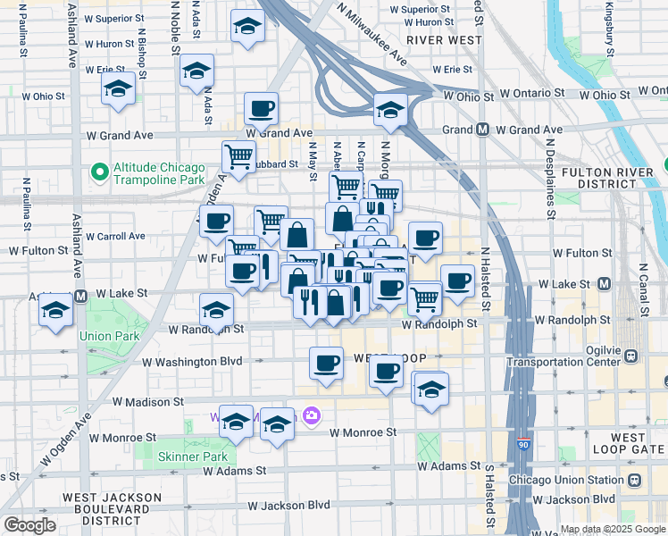 map of restaurants, bars, coffee shops, grocery stores, and more near 220 North Aberdeen Street in Chicago