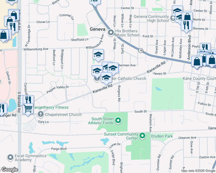 map of restaurants, bars, coffee shops, grocery stores, and more near 1750 Kaneville Road in Geneva