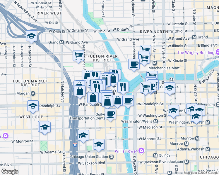 map of restaurants, bars, coffee shops, grocery stores, and more near North Milwaukee Avenue in Chicago