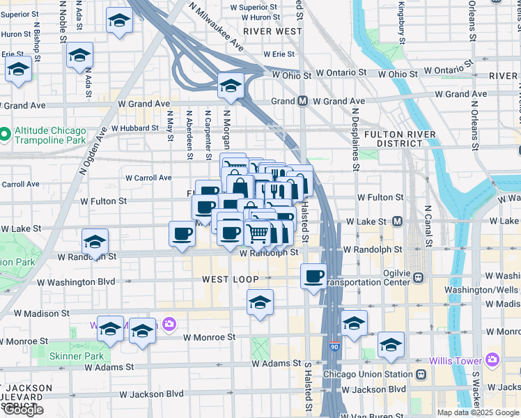 map of restaurants, bars, coffee shops, grocery stores, and more near 216 North Peoria Street in Chicago