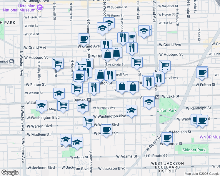 map of restaurants, bars, coffee shops, grocery stores, and more near 1843 West Walnut Street in Chicago