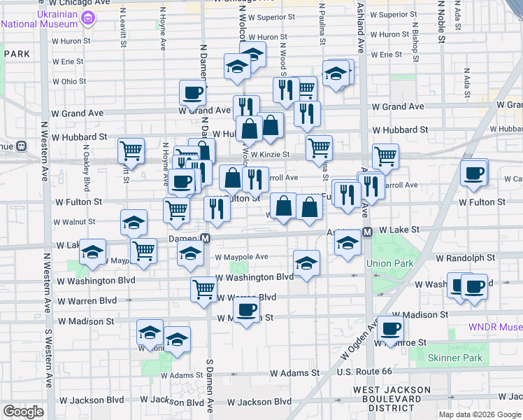 map of restaurants, bars, coffee shops, grocery stores, and more near 1843 West Walnut Street in Chicago