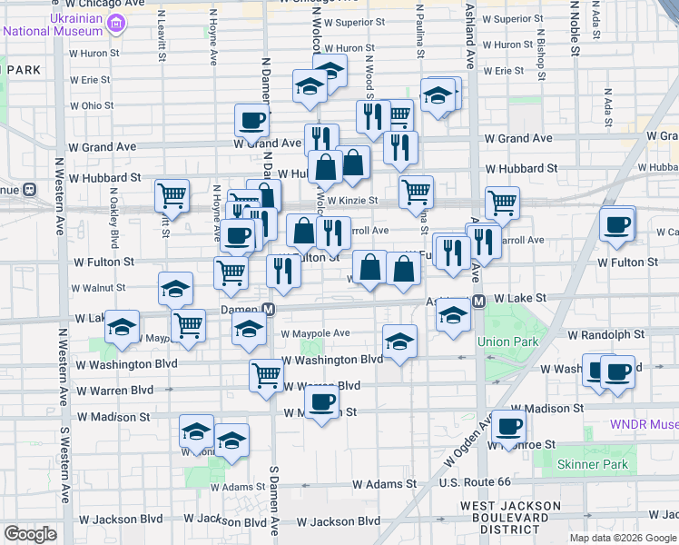 map of restaurants, bars, coffee shops, grocery stores, and more near 1843 West Walnut Street in Chicago