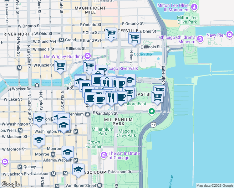 map of restaurants, bars, coffee shops, grocery stores, and more near 215 North Columbus Drive in Chicago