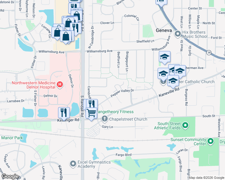 map of restaurants, bars, coffee shops, grocery stores, and more near 2215 Pepper Valley Drive in Geneva