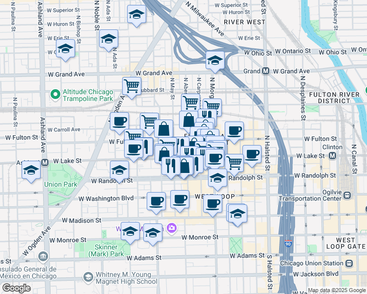 map of restaurants, bars, coffee shops, grocery stores, and more near 213 North May Street in Chicago
