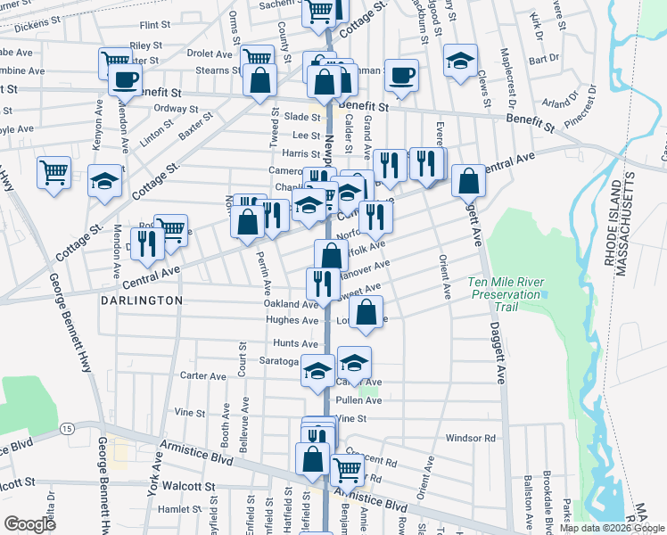 map of restaurants, bars, coffee shops, grocery stores, and more near 1167 Newport Avenue in Pawtucket