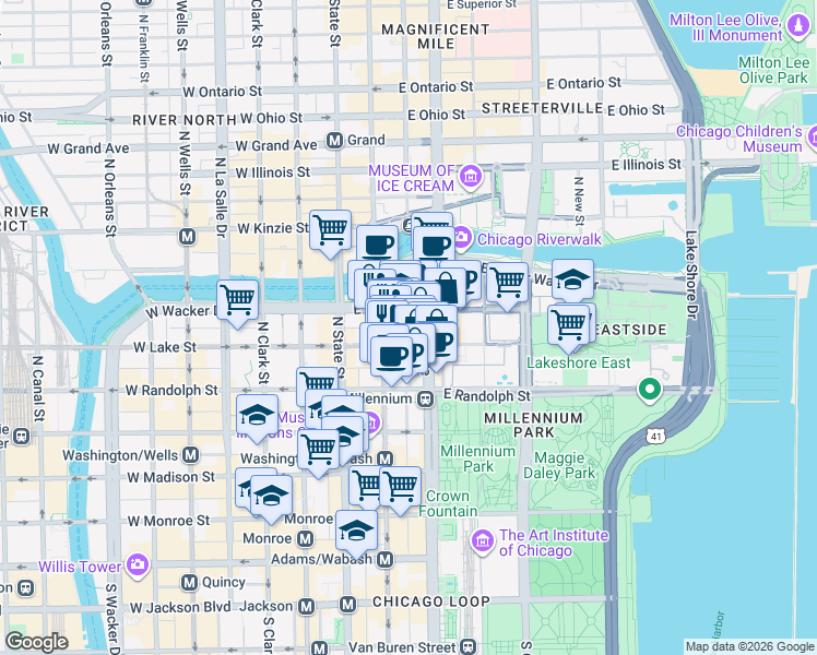 map of restaurants, bars, coffee shops, grocery stores, and more near 222 North Garland Court in Chicago