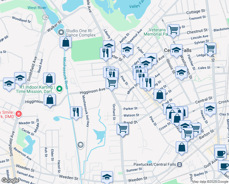 map of restaurants, bars, coffee shops, grocery stores, and more near 59 Claremont Street in Central Falls