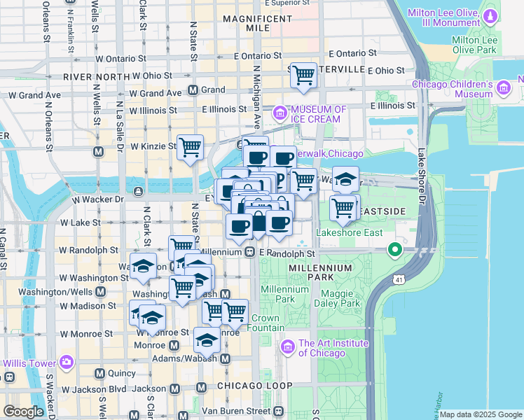 map of restaurants, bars, coffee shops, grocery stores, and more near Lower Beaubien Court in Chicago