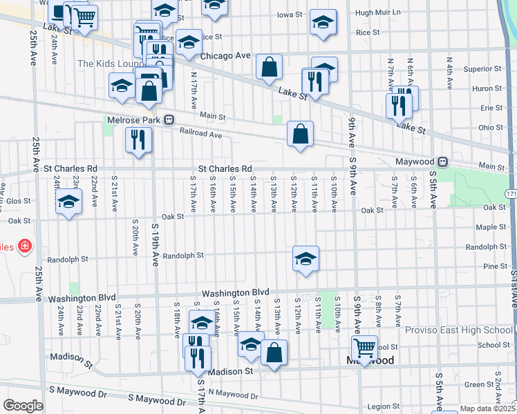 map of restaurants, bars, coffee shops, grocery stores, and more near 149 South 14th Avenue in Maywood