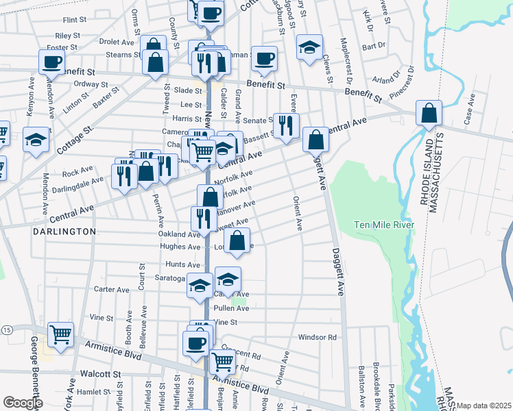 map of restaurants, bars, coffee shops, grocery stores, and more near 118 Sweet Avenue in Pawtucket