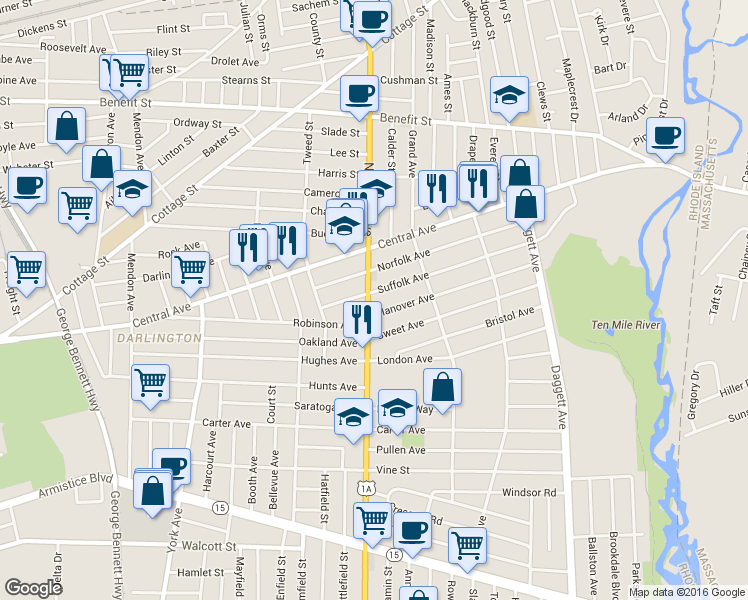 map of restaurants, bars, coffee shops, grocery stores, and more near 14 Hanover Avenue in Pawtucket