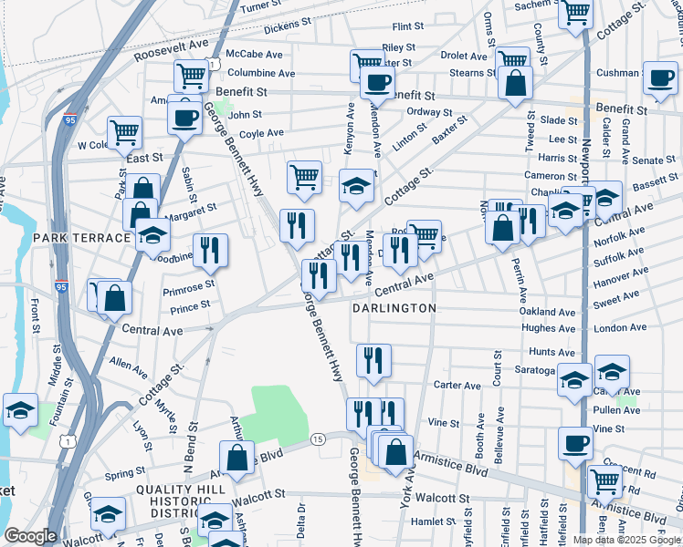 map of restaurants, bars, coffee shops, grocery stores, and more near 15 Kenyon Avenue in Pawtucket