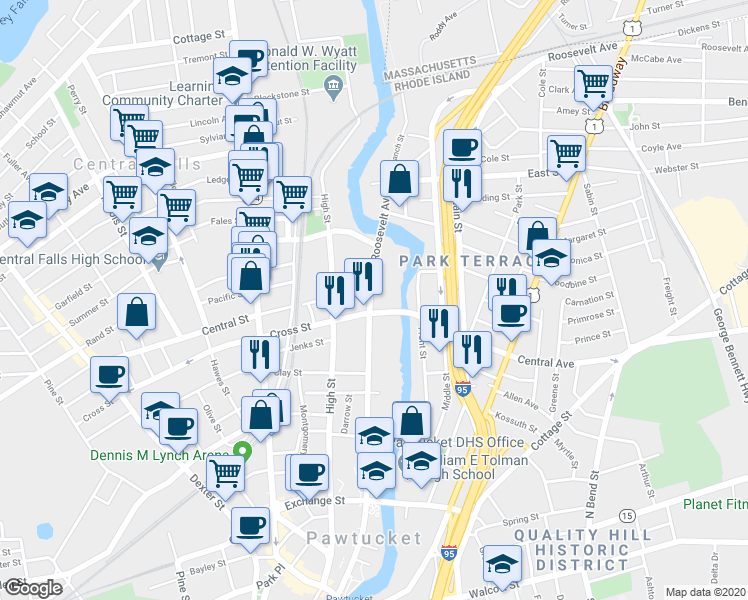 map of restaurants, bars, coffee shops, grocery stores, and more near in Central Falls